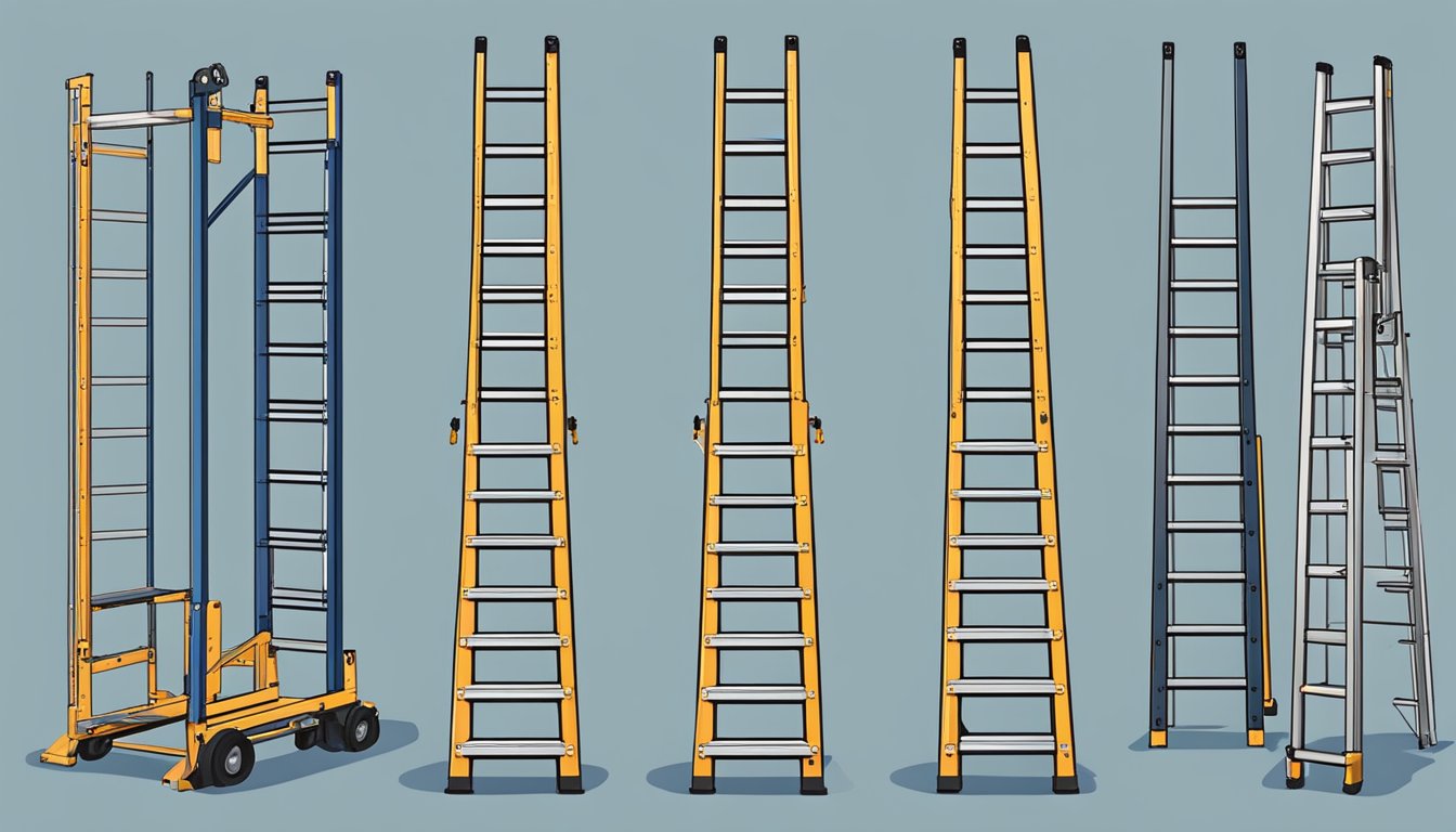 Various ladders displayed in a warehouse setting, including step, extension, and platform types. Each ladder is labeled with its specific use and price