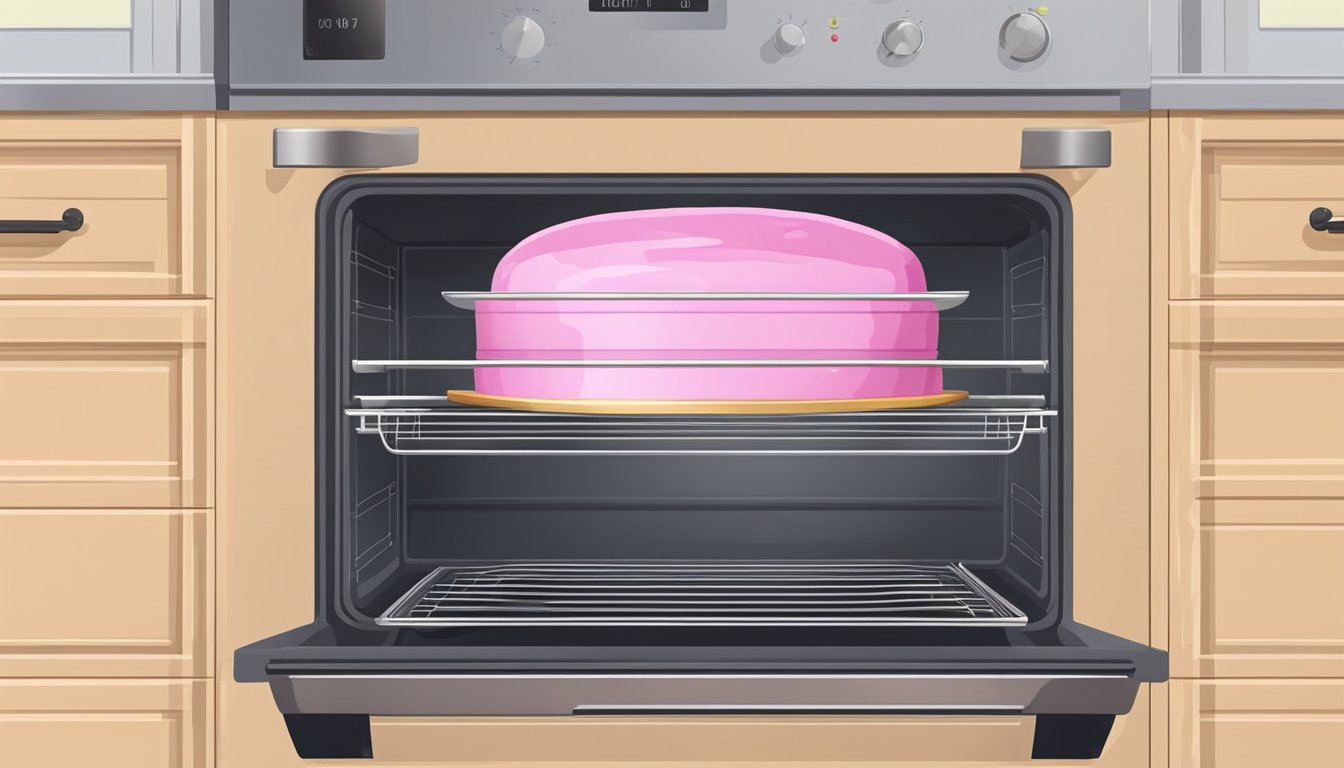 A cake is baking in a home oven