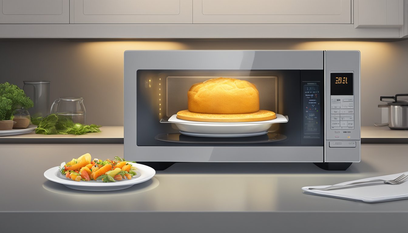 A large microwave sits on a kitchen counter, its digital display glowing with the time and temperature settings. The interior is illuminated, showing a rotating glass plate and food inside