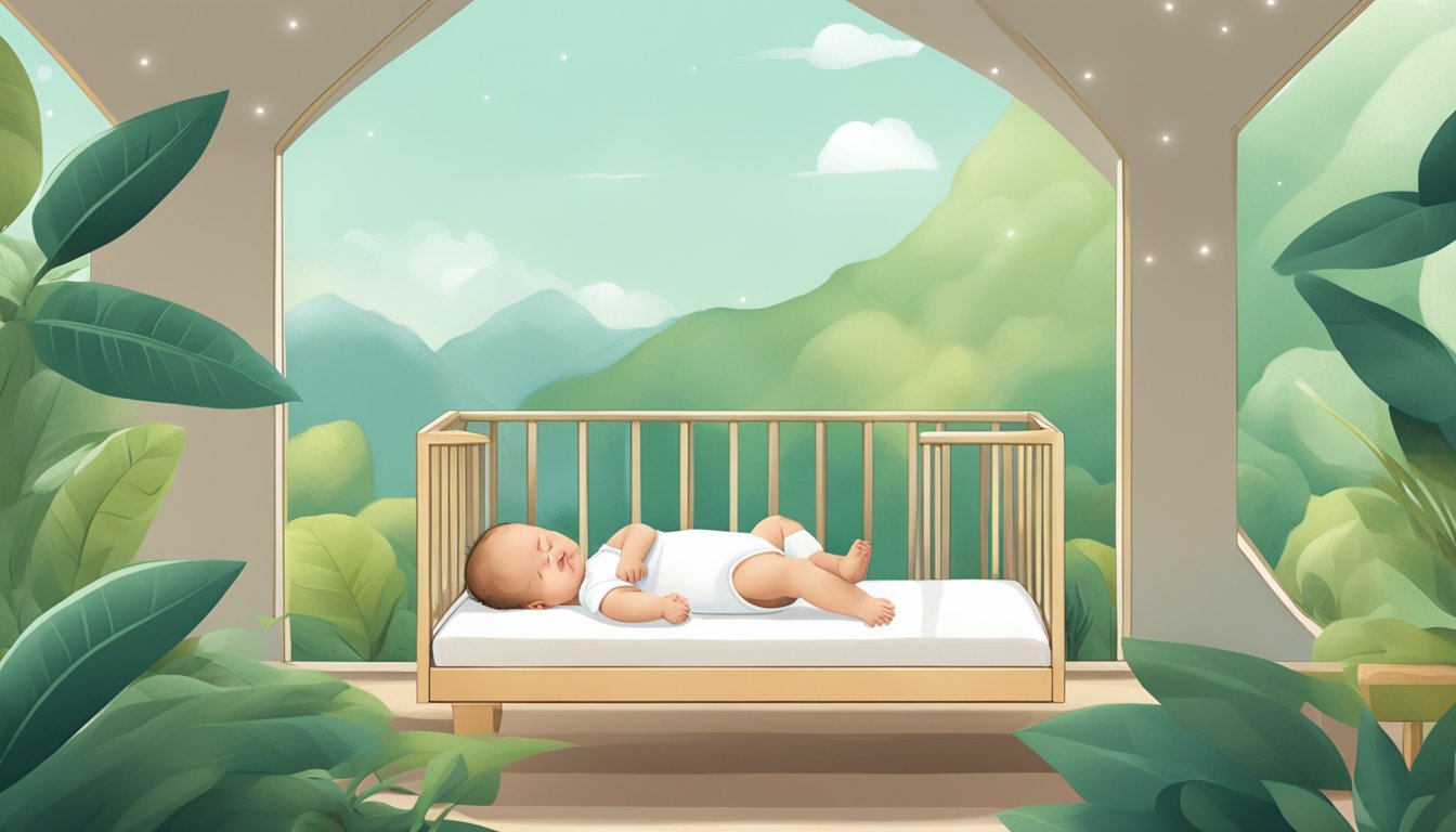 A baby peacefully sleeping on a non-toxic, organic mattress surrounded by a clean and natural environment with no harmful chemicals present