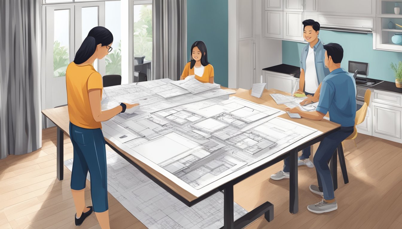 A homeowner stands between a renovation contractor and an interior designer, each presenting their plans for a Singapore home. Blueprints and design samples lay on a table, as the homeowner weighs their options
