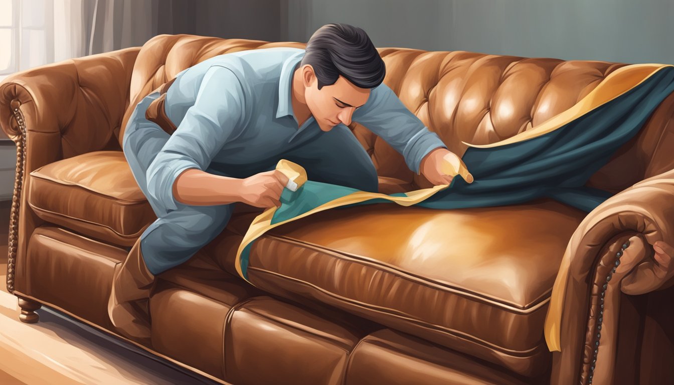 A person gently applying leather conditioner to a luxurious leather sofa, using a soft cloth to buff and protect the investment