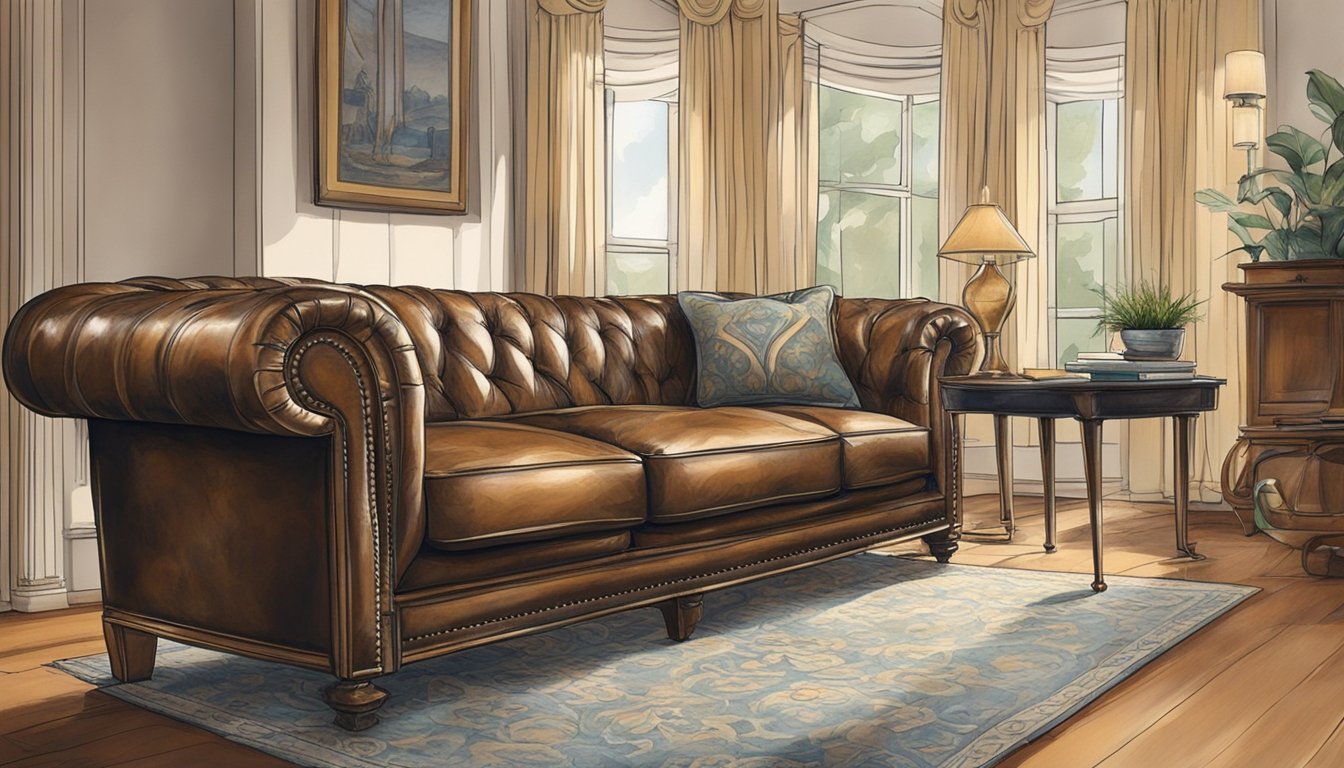 A leather sofa sits in a well-lit living room, exuding a sense of luxury and sophistication. However, it also shows signs of wear and tear, with visible scratches and fading in some areas