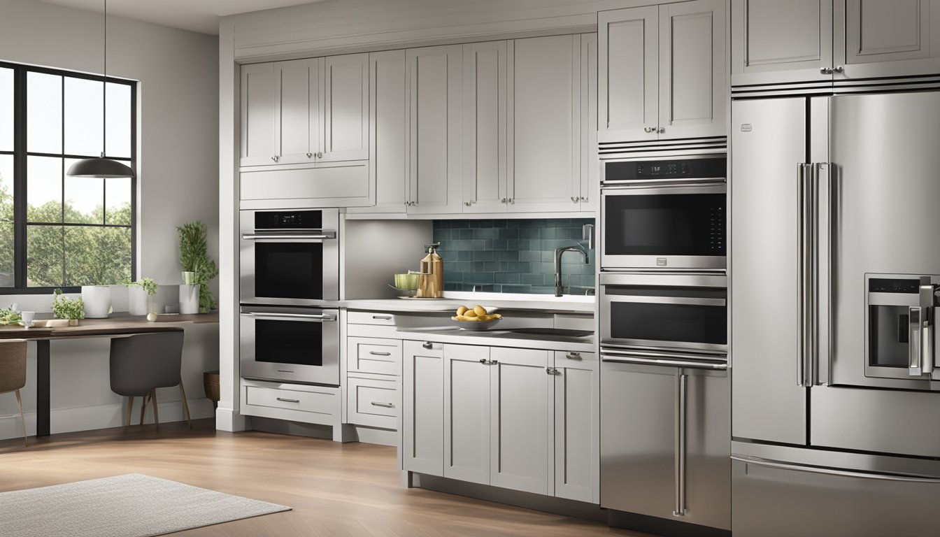A large microwave is seamlessly integrated into a sleek, modern kitchen design