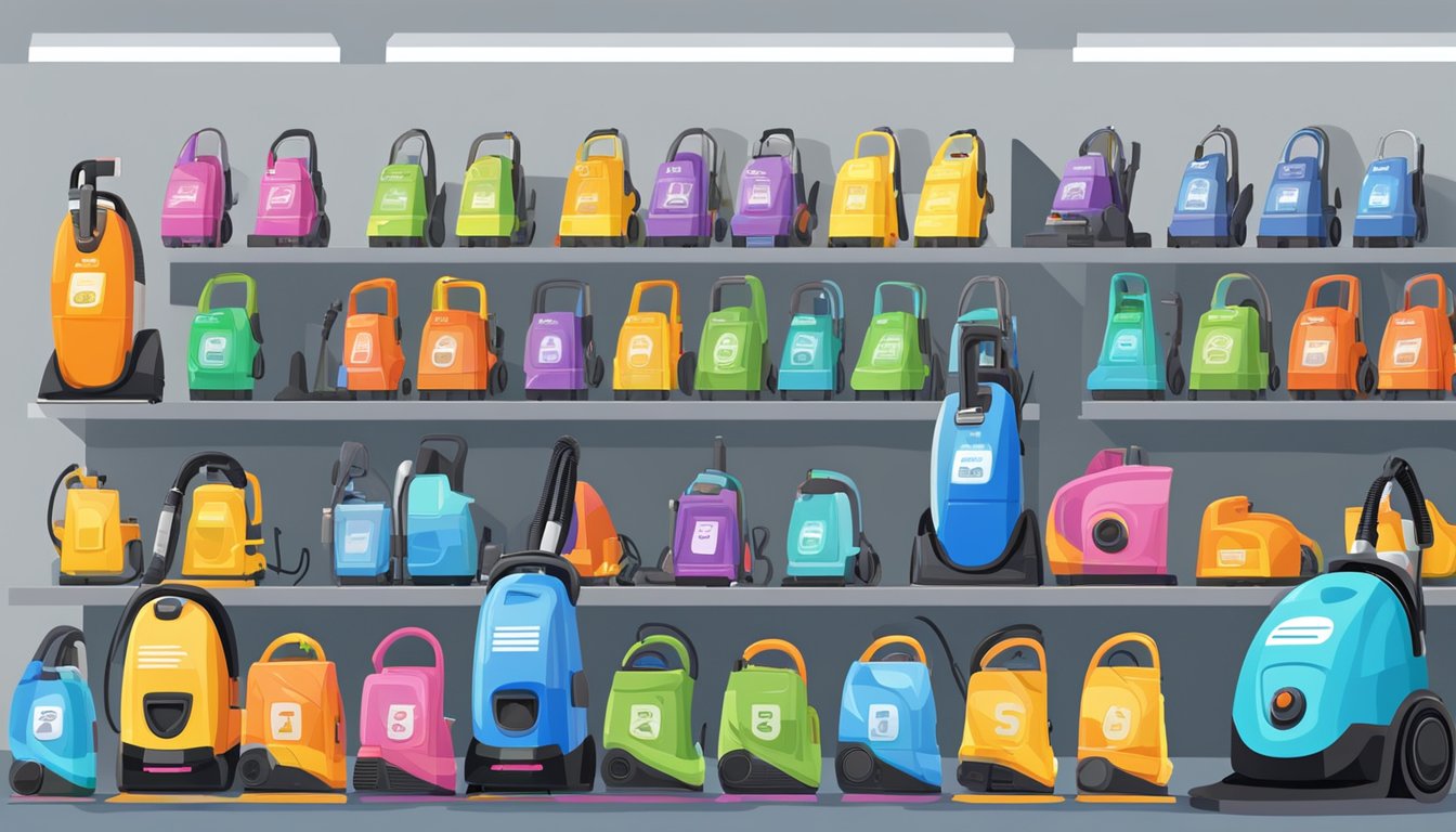 A colorful display of discounted vacuum cleaners with bright price tags and a "sale" sign. Customers browsing and comparing models