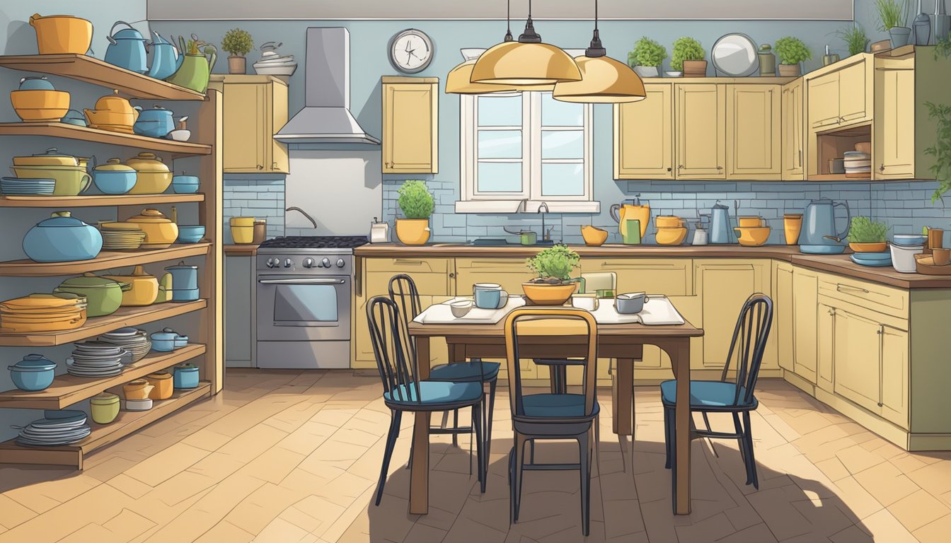 A kitchen table with chairs, surrounded by shelves of dishes and cookware. A stack of FAQ pamphlets sits on the table