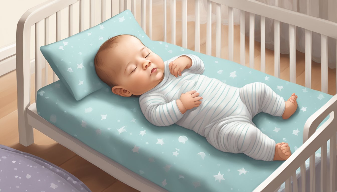A baby peacefully sleeping on a firm, breathable mattress with a waterproof cover, surrounded by soft, hypoallergenic bedding and a secure, fitted sheet