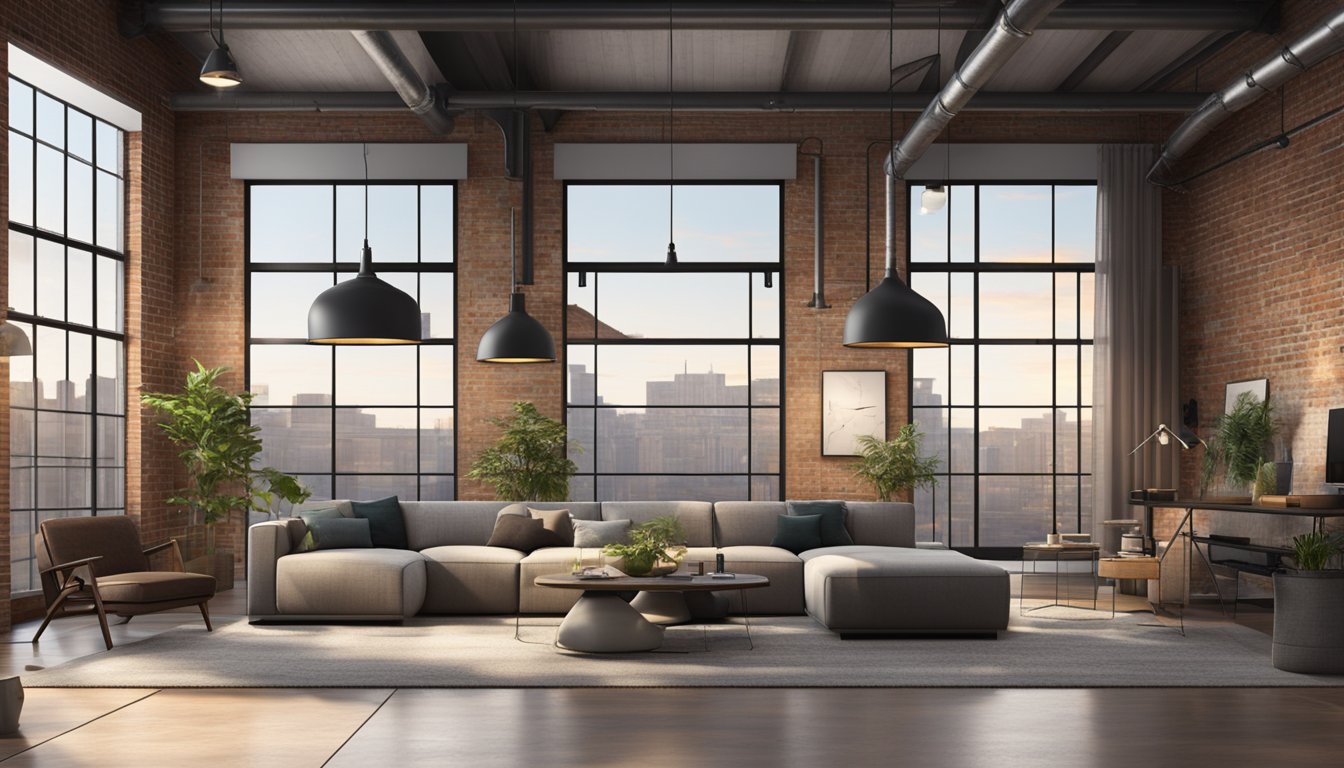 A spacious industrial loft with exposed brick walls, metal beams, and large windows. Minimalist furniture and industrial lighting create a modern, urban vibe