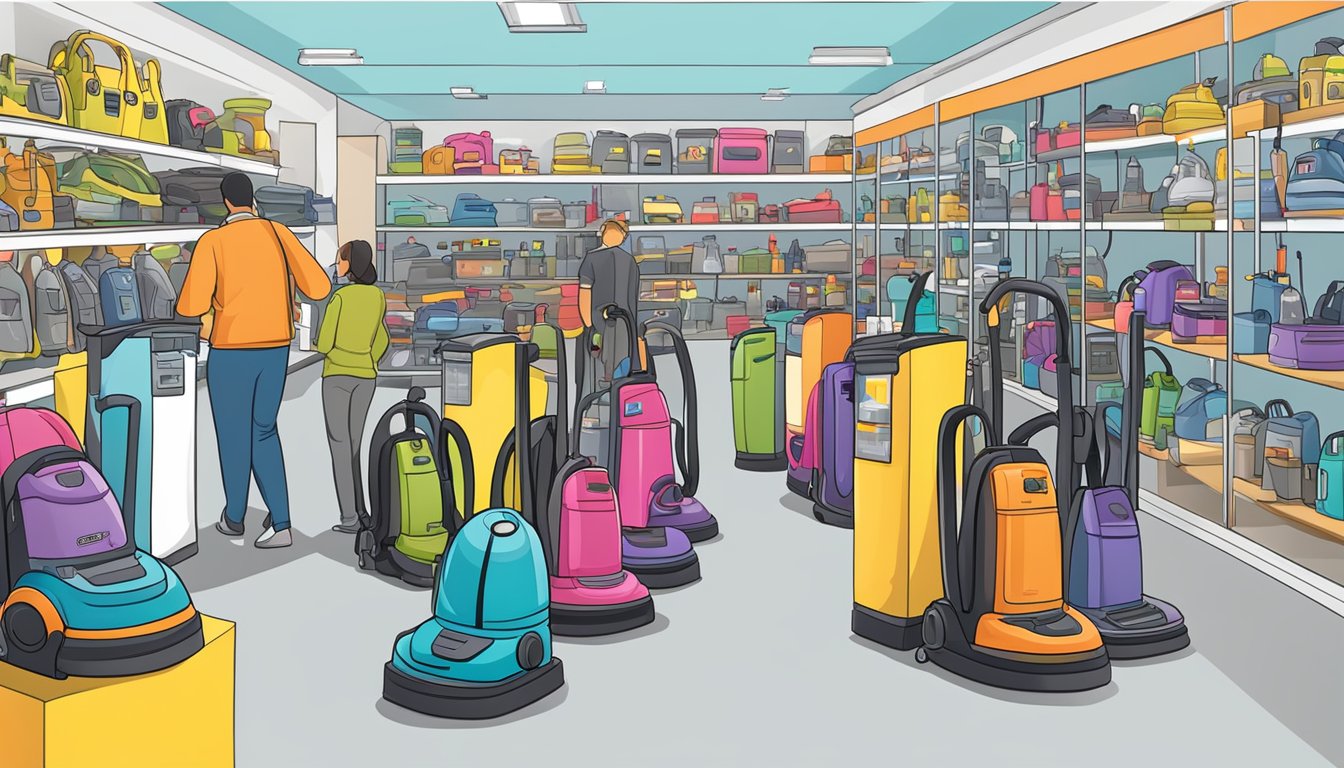 A display of various vacuum cleaners on sale, with bright signage and customers browsing the selection
