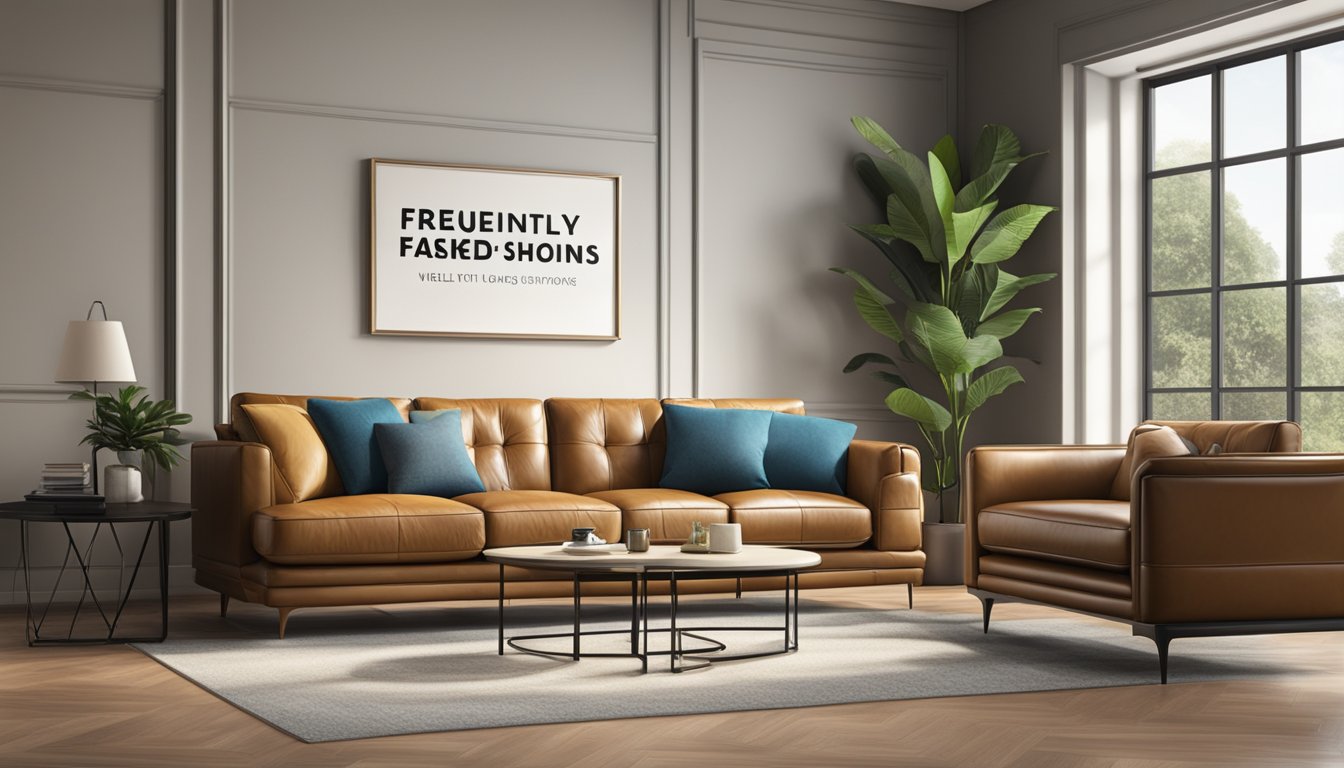 A genuine leather sofa in a well-lit showroom with a sign reading "Frequently Asked Questions" in Singapore