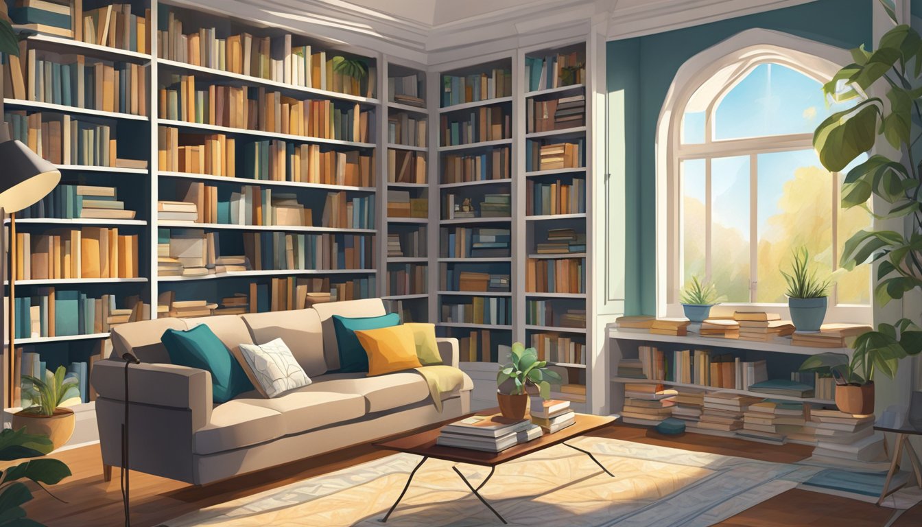 A room with natural light, a cozy reading nook, and floor-to-ceiling bookshelves filled with neatly organized books of various sizes and colors
