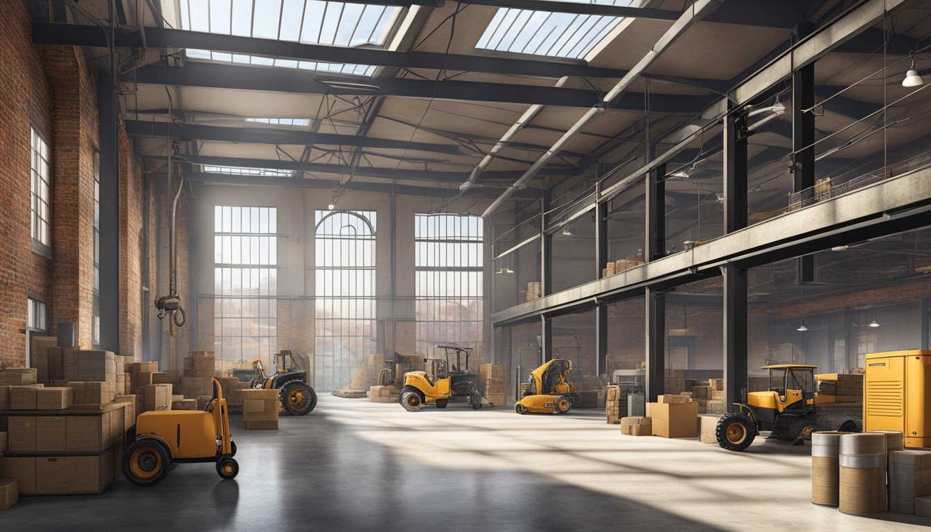 A spacious warehouse with exposed brick walls, metal beams, and concrete floors. Large industrial windows let in natural light, while vintage machinery and raw materials add to the rugged, utilitarian aesthetic