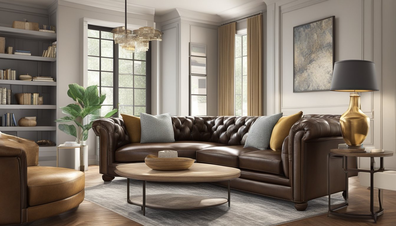 A leather sofa sits in a well-lit living room, showcasing its luxurious and elegant appearance. The smooth texture and rich color of the leather are highlighted, while the sturdy frame and comfortable cushions convey durability and comfort