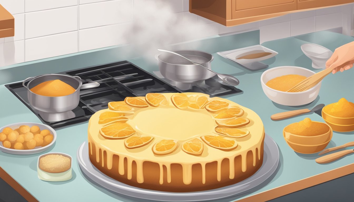 A cake rises in a warm oven, filling the home with a sweet aroma. Ingredients and utensils are neatly arranged on the counter, ready for use