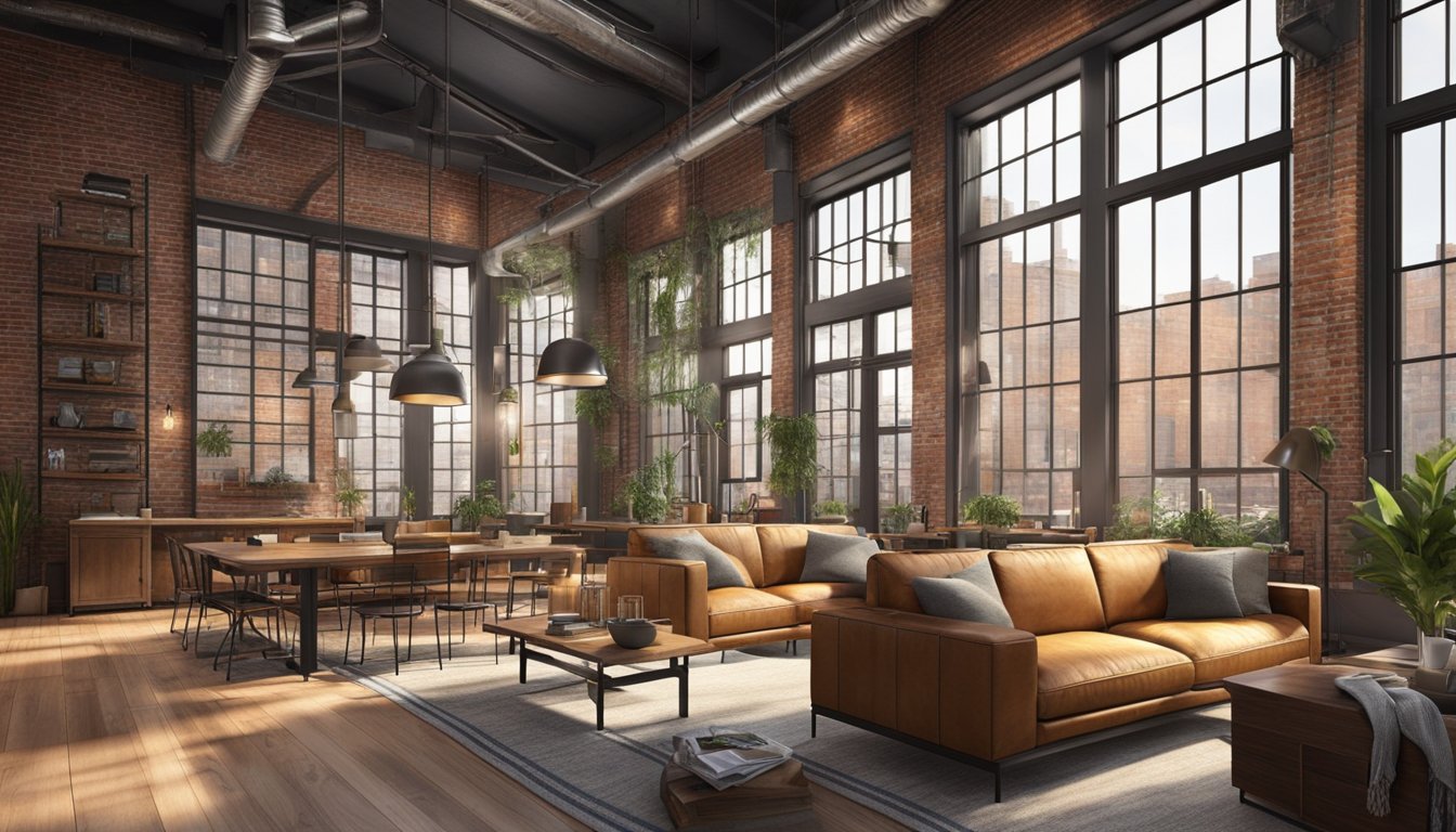 A modern industrial space with exposed brick walls, high ceilings, and large windows. Metal beams and pipes add an urban touch, while vintage furniture and warm lighting create a cozy atmosphere