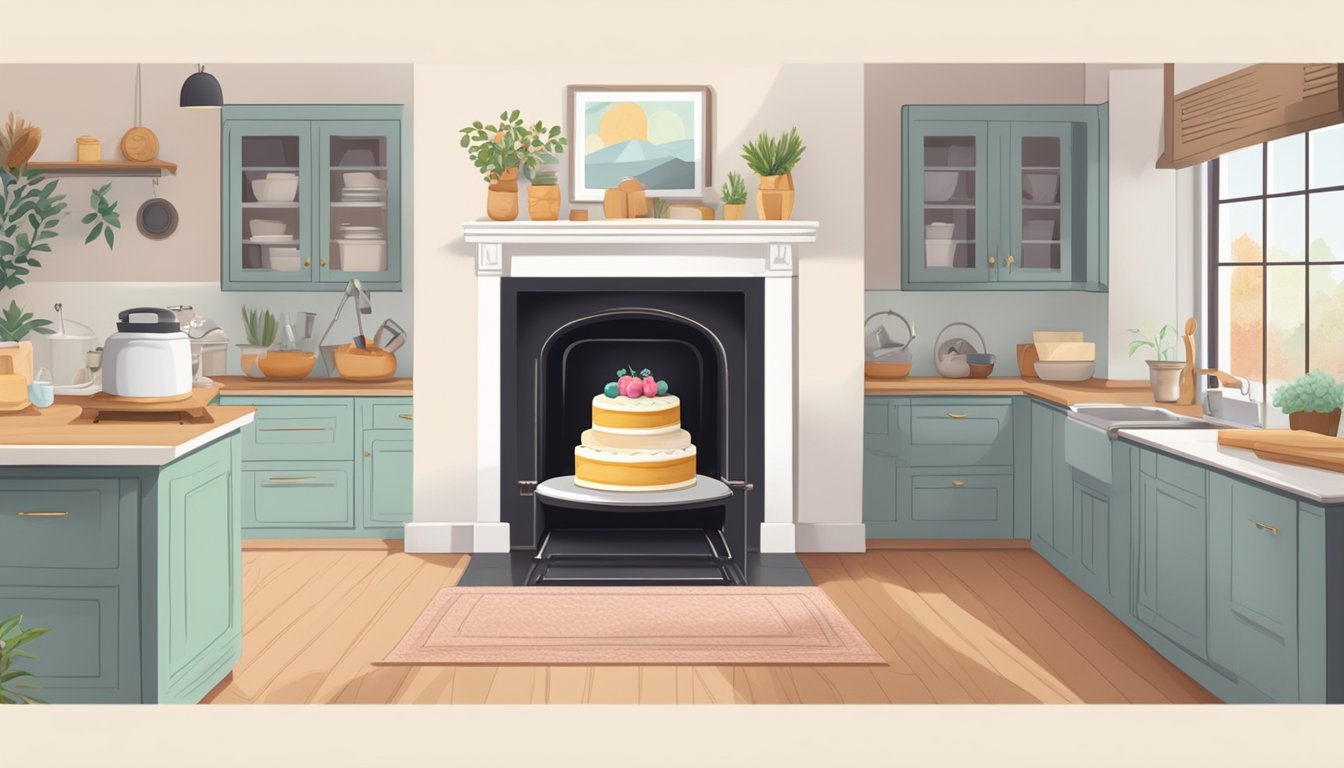 A cake baking in a cozy home oven with a "Frequently Asked Questions" sign nearby