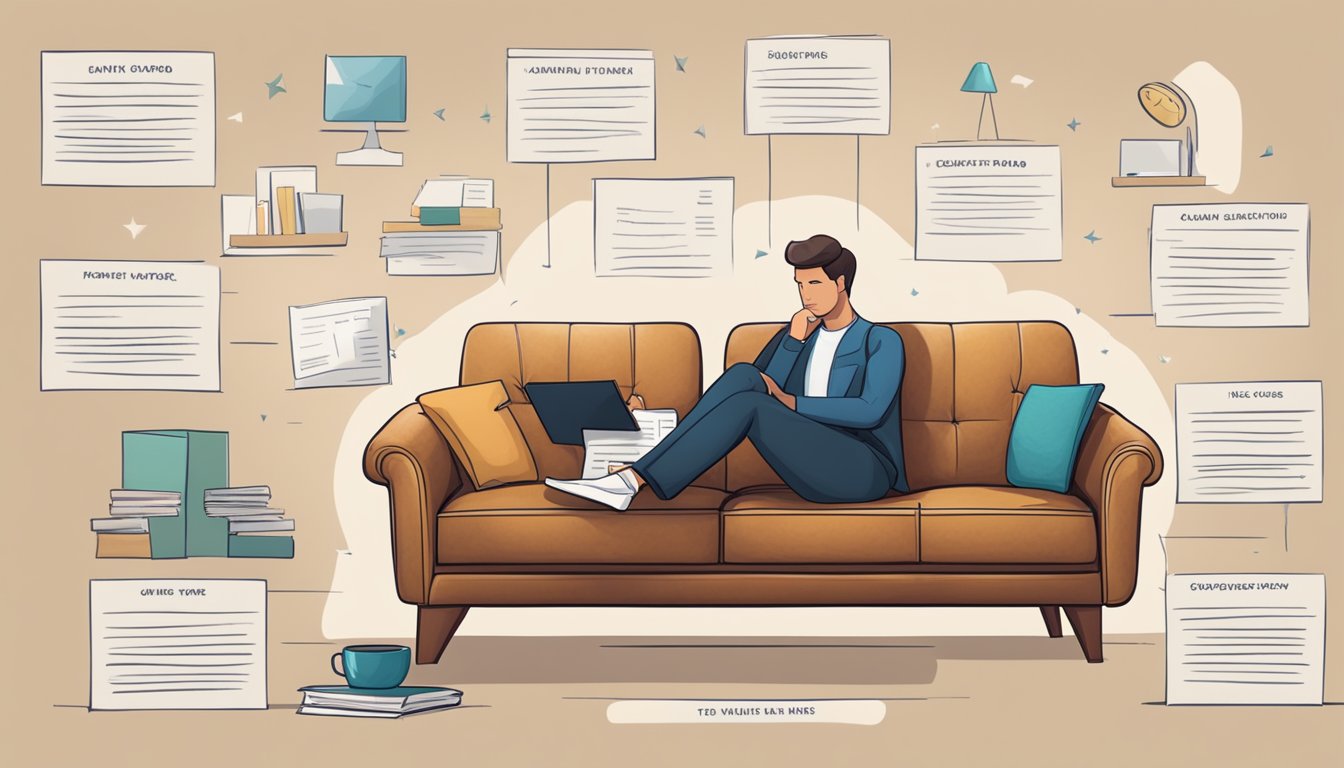 A leather sofa surrounded by a list of pros and cons, with a thoughtful person weighing their options