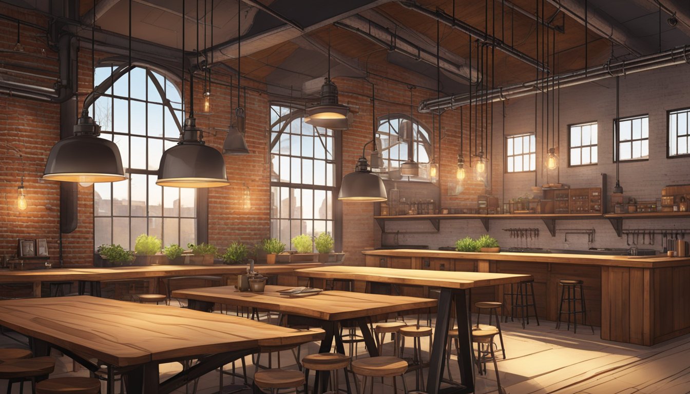 An industrial interior with exposed brick walls, metal piping, and rustic wooden furniture. Industrial lighting fixtures hang from the ceiling, casting a warm glow over the space