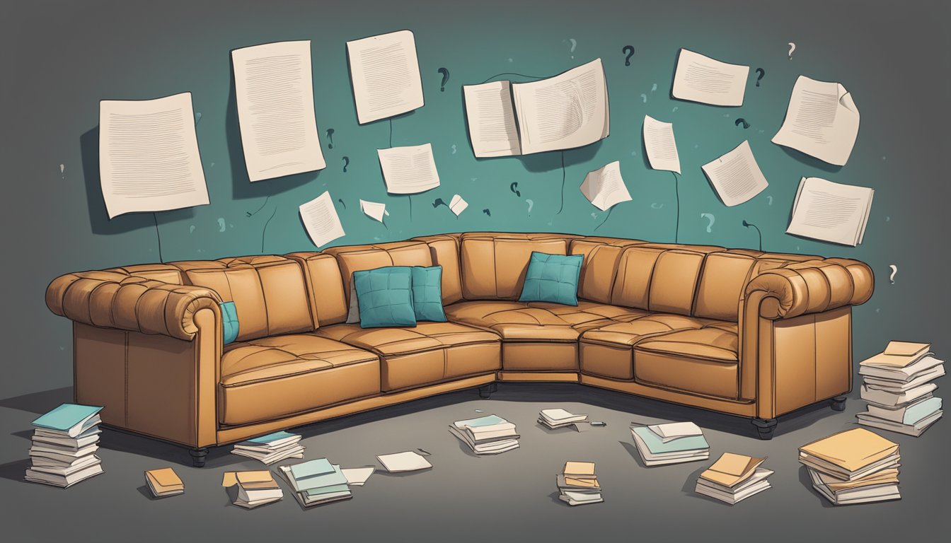 A leather sofa surrounded by question marks, with a list of pros and cons floating above it