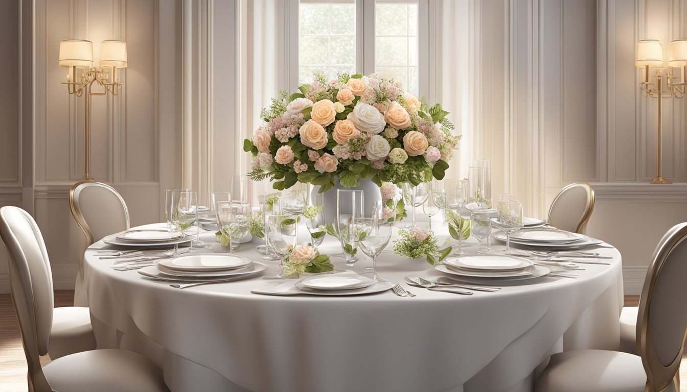 A round dining table for 6 with elegant place settings, a floral centerpiece, and soft lighting