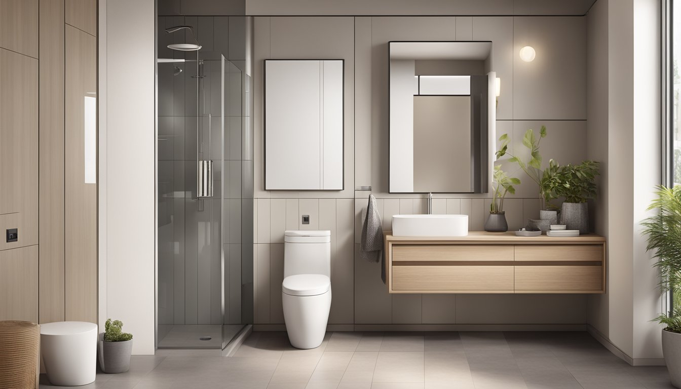 A modern toilet bathroom with sleek fixtures, neutral color palette, and natural lighting
