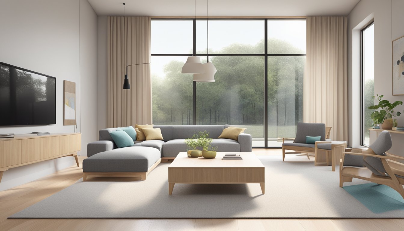 A sleek, minimalist living room with clean lines, light wood furniture, and pops of color. A large window lets in natural light, showcasing the simplicity and functionality of Scandinavian design