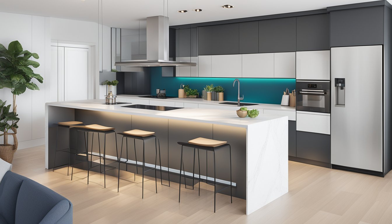 A sleek modern kitchen with a stainless steel chimney hood in Singapore. Clean lines and a minimalist aesthetic