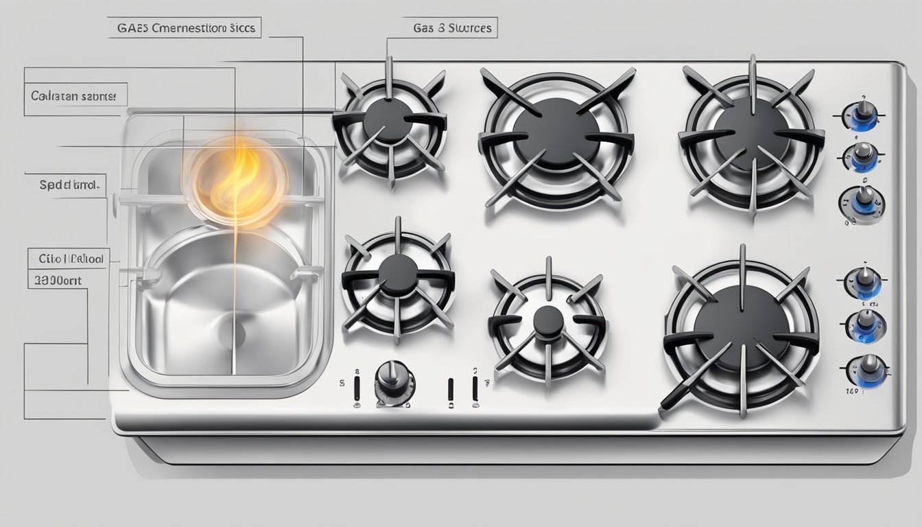 A hand reaches for various gas hob sizes, comparing dimensions and features