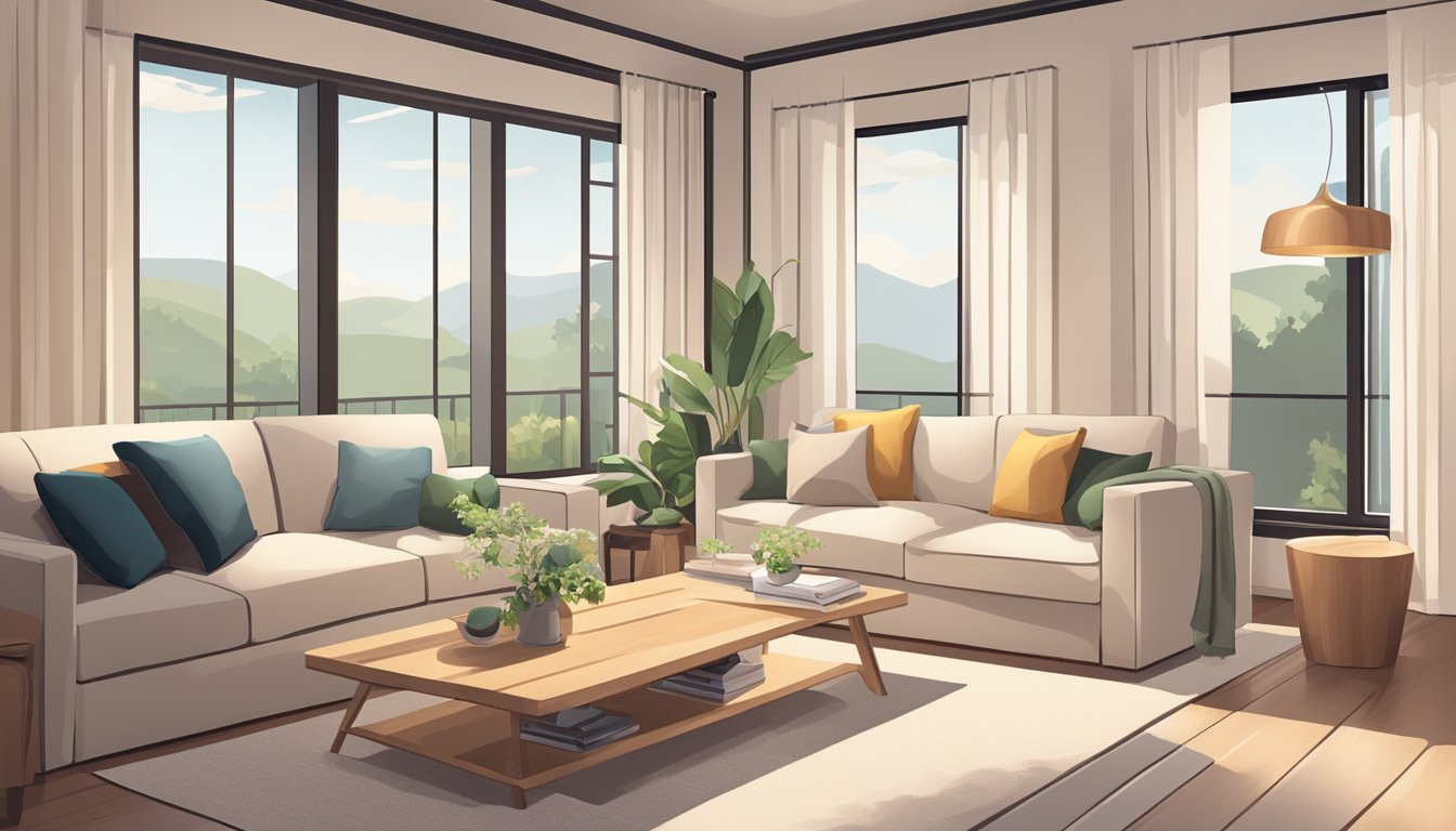 A cozy living room with clean lines, light wood furniture, and minimalistic decor. Large windows allow natural light to fill the space, creating a warm and inviting atmosphere