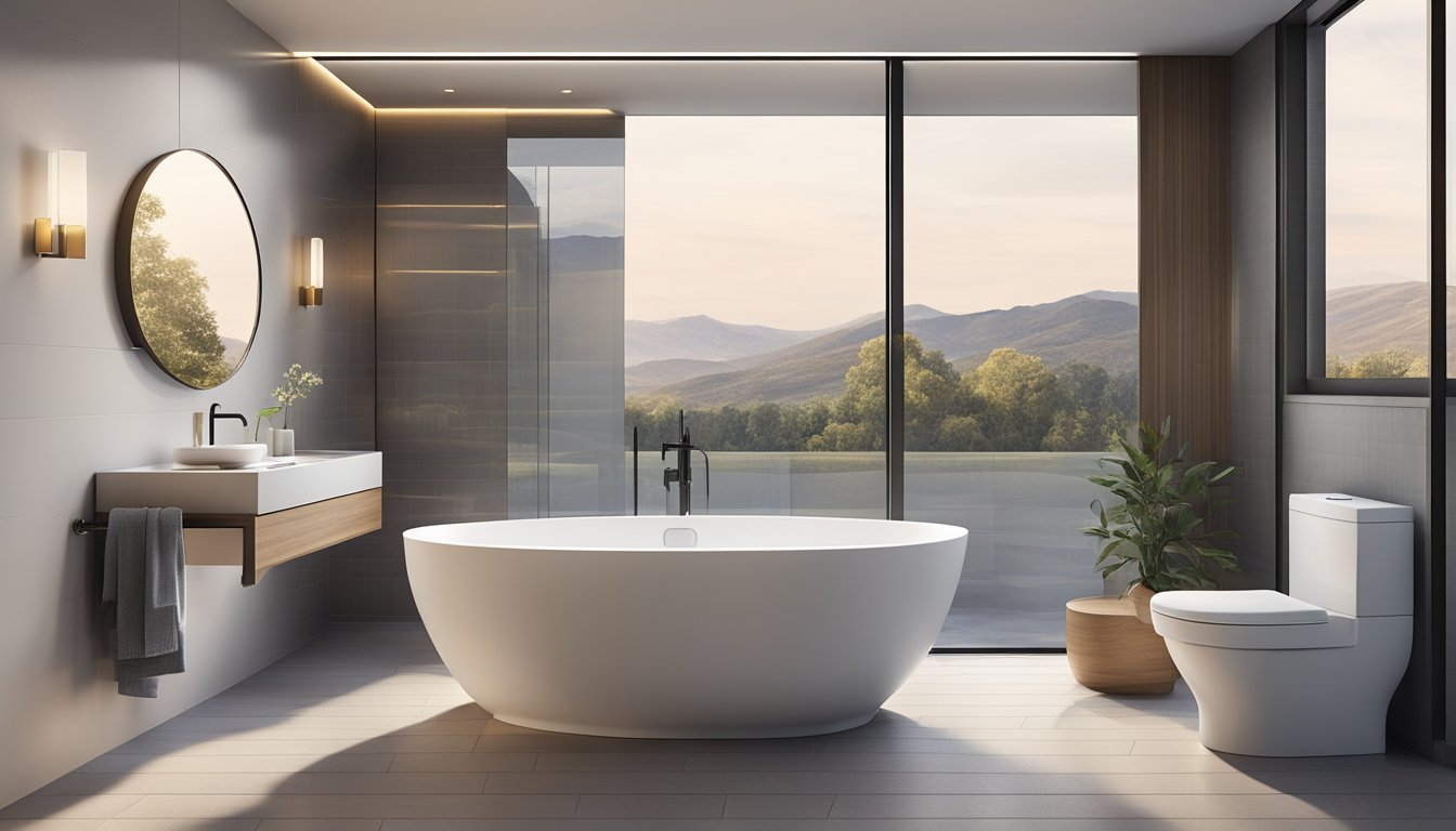 A modern, sleek toilet bathroom with a spacious walk-in shower, a luxurious freestanding bathtub, and minimalist fixtures