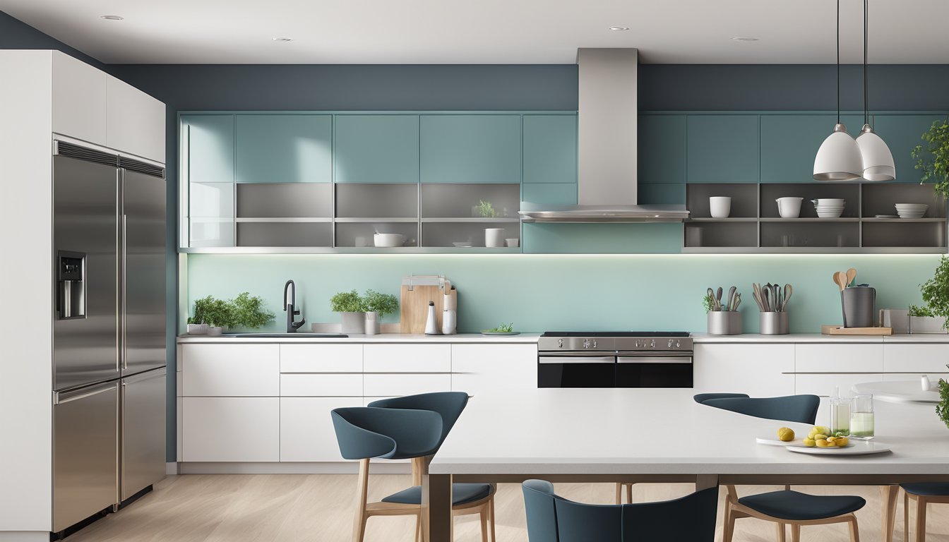 A modern kitchen with sleek, stainless steel chimney hoods mounted above a stove. Clean lines, minimalist design, and efficient ventilation