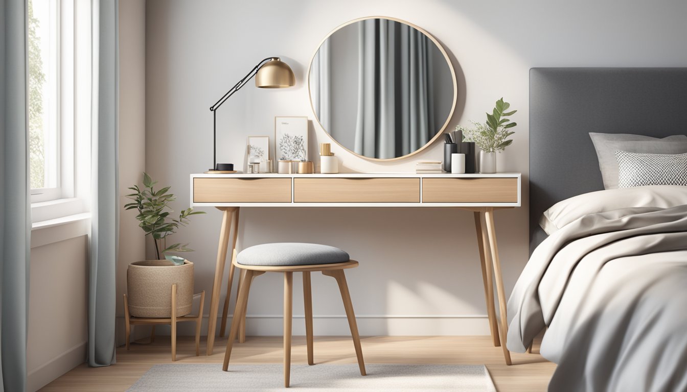 A sleek, modern dressing table with minimalist design, adorned with Nordic-inspired decor and surrounded by natural light in a cozy Singaporean bedroom