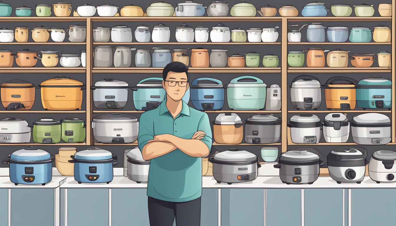 A person standing in front of a display of various rice cookers, carefully comparing their features and prices