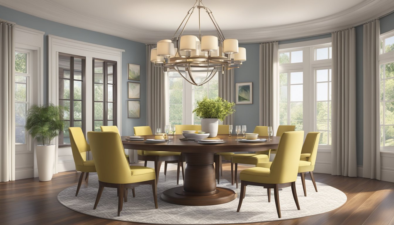 A round dining table for six is surrounded by chairs in a well-lit room, with a centerpiece and place settings