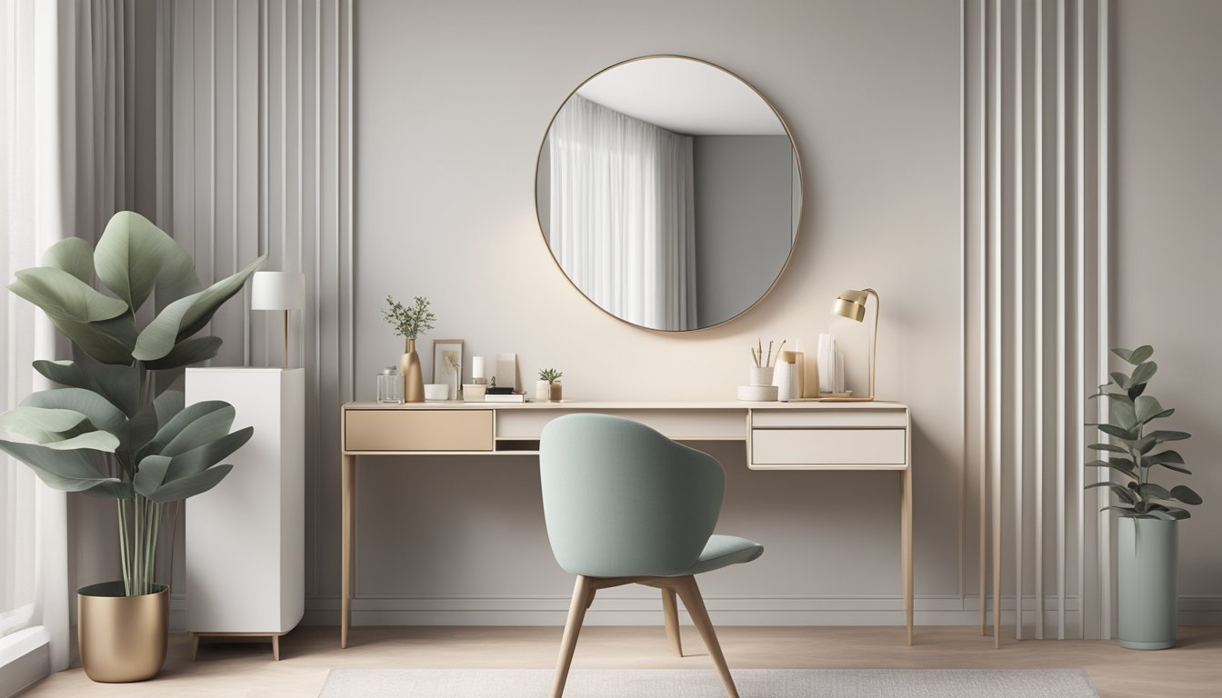 A sleek, minimalist Nordic dressing table sits against a backdrop of clean, modern lines and neutral colors in a stylish Singapore home