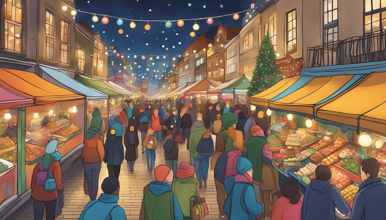 Bustling Xmas market with colorful stalls, twinkling lights, and festive decorations. Shoppers browse through an array of holiday goods and gifts while enjoying seasonal treats and entertainment