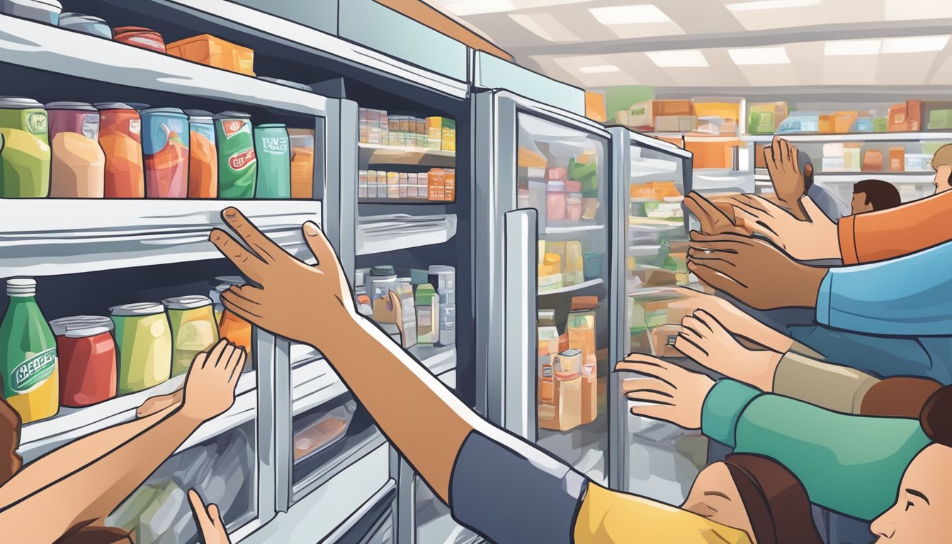 A hand reaches for a discounted fridge in a crowded store