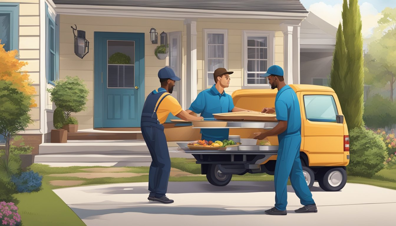 A delivery person unloading a round dining table for 6 from a truck in front of a customer's house