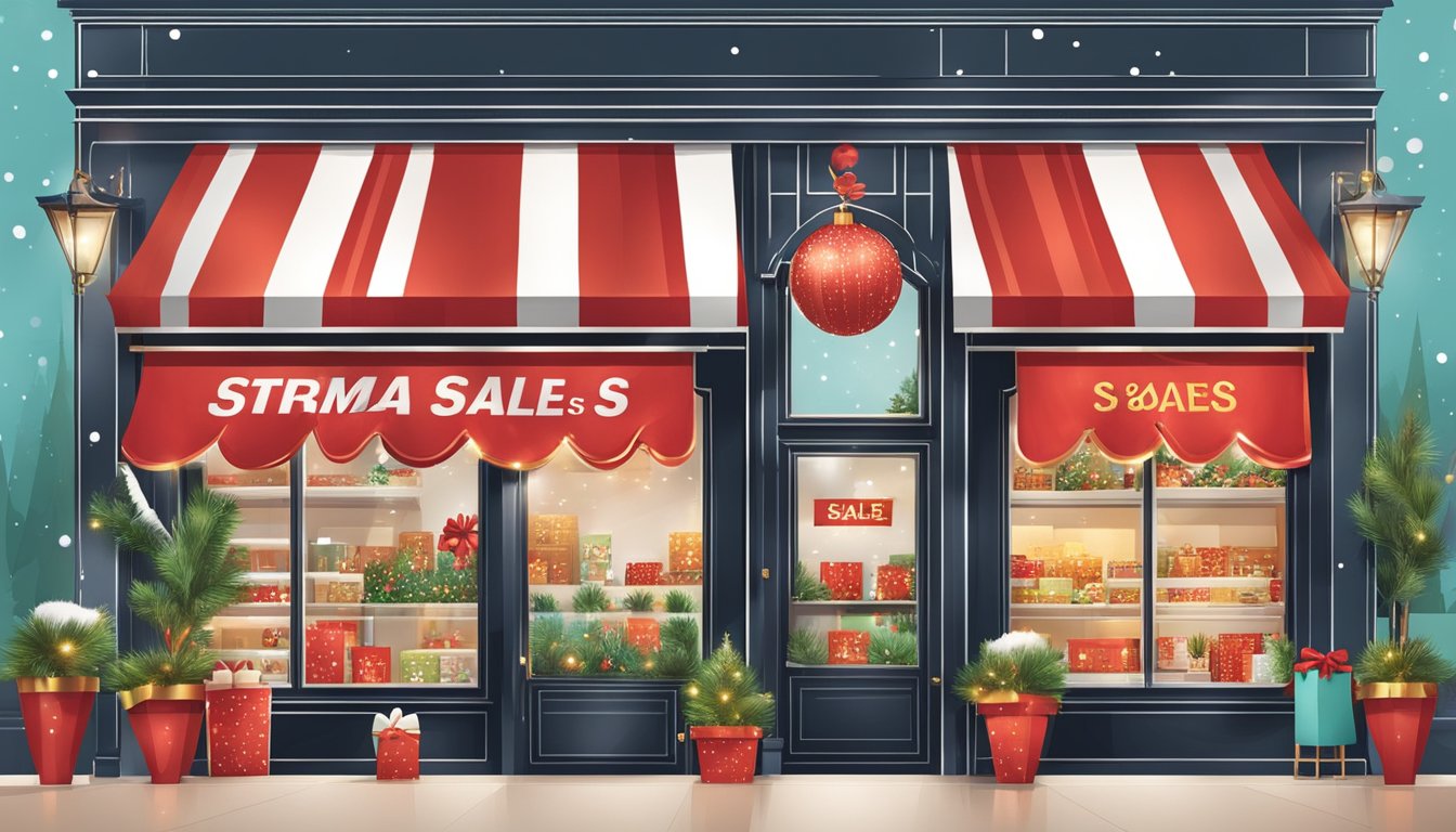 A festive storefront with bold "Xmas Sales" signage and "Exclusive Deals and Promotions" banners in Singapore