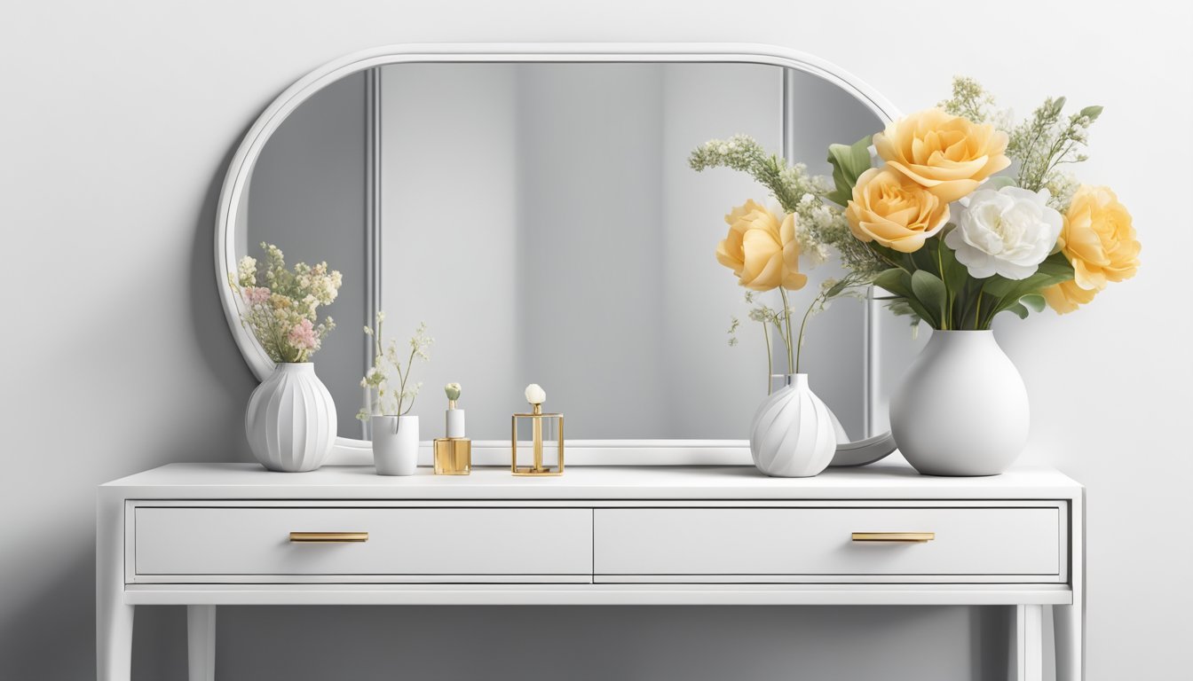 A sleek white nordic dressing table adorned with minimalist decor and a mirror, with a vase of fresh flowers and a tray of elegant jewelry