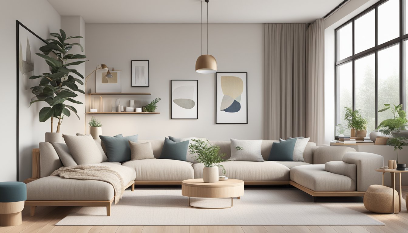 A sleek, minimalist living room with clean lines, neutral colors, and natural materials, showcasing iconic Scandinavian furniture and decor