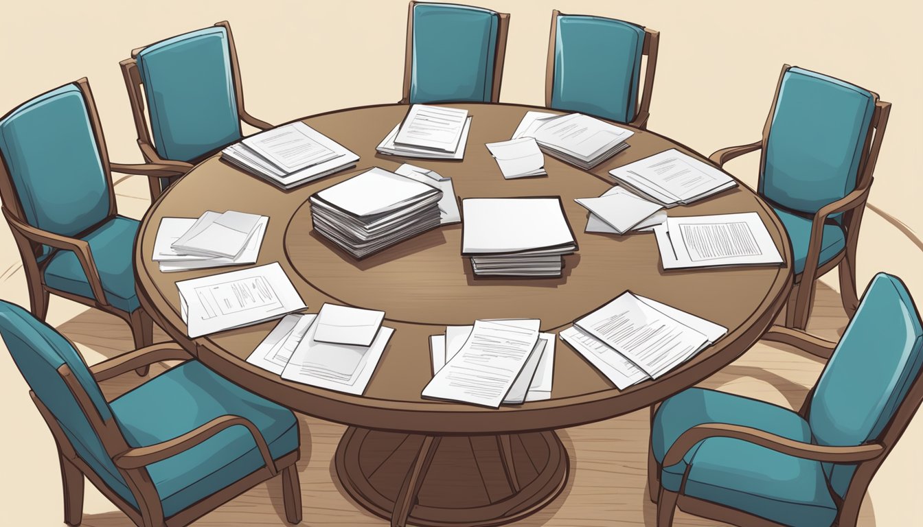 A round dining table with 6 chairs arranged around it, a stack of FAQ cards in the center, and a notepad with a pen on the side