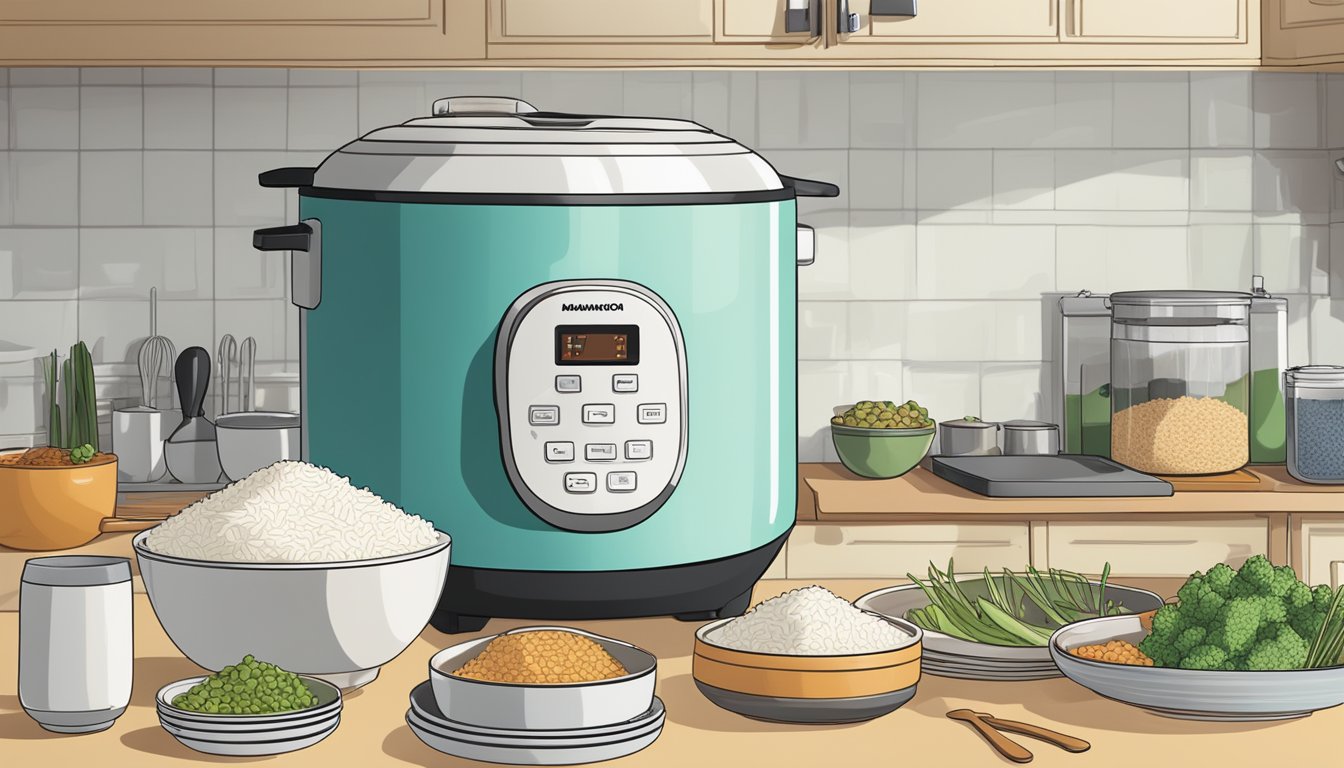 A rice cooker sits on a kitchen counter, surrounded by various types of rice, measuring cups, and a cookbook titled "Maximising Your Rice Cooker's Potential."