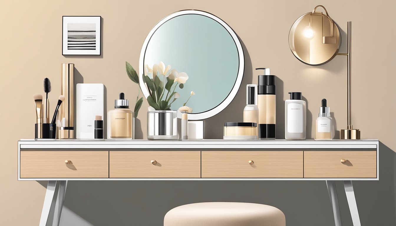 A sleek, minimalist dressing table with clean lines and a light wood finish, adorned with a few carefully curated beauty products and a small mirror