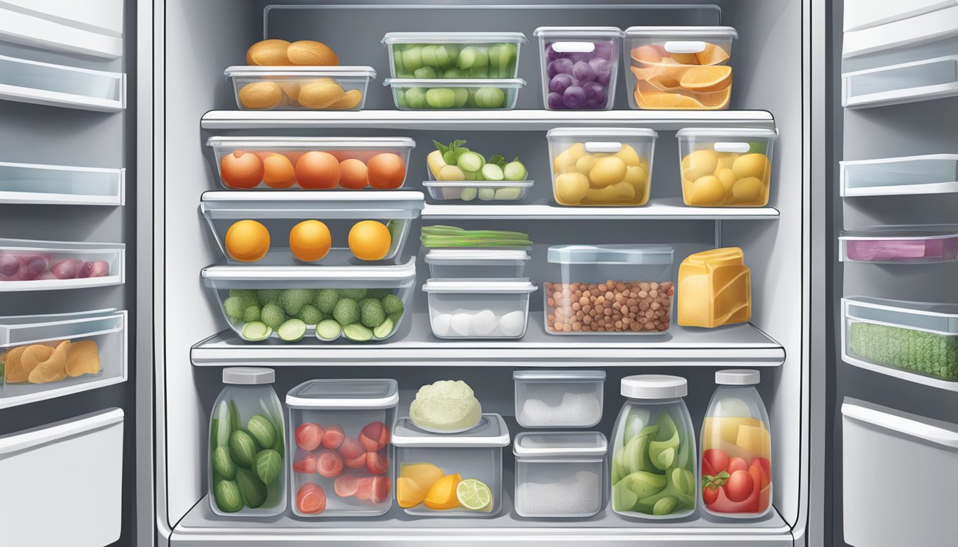 A well-organized fridge with labeled containers, adjustable shelves, and airtight storage bags to keep food fresh and maximize efficiency