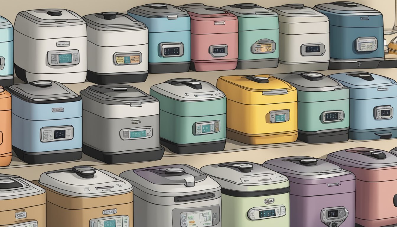 A variety of rice cookers displayed with labels and prices, surrounded by customers reading a "Frequently Asked Questions" guide