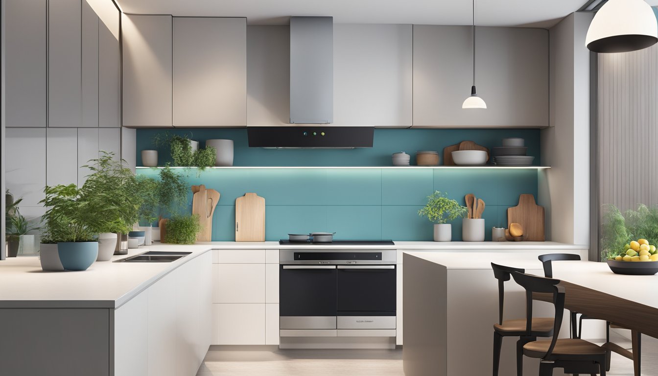 A sleek chimney hood hovers above a modern kitchen stove in Singapore, with a backdrop of clean, minimalist decor