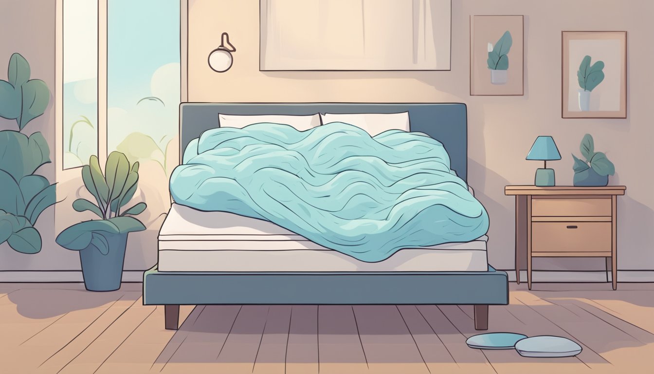 A lumpy mattress causes discomfort, disrupting sleep. Illustrate a person tossing and turning in bed, with a frowning face to show dissatisfaction