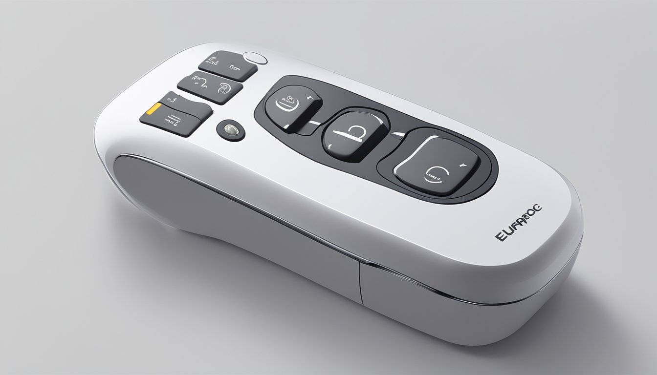 The Europace aircon remote sits on a clean, white tabletop, its sleek design and buttons illuminated by a soft, warm light