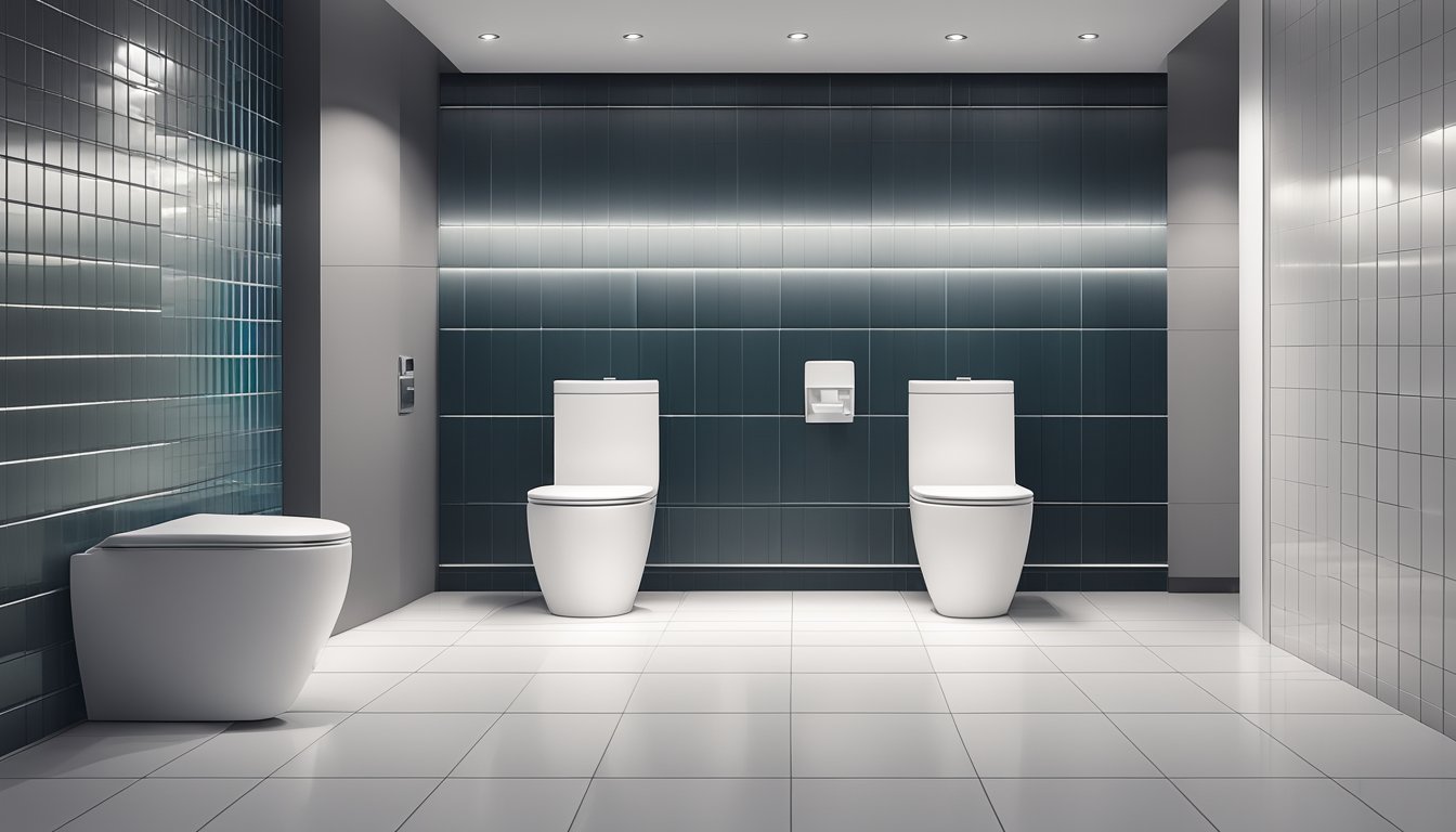 A modern toilet with a sleek, minimalist design, surrounded by clean, white tiles and soft lighting. The space is well-organized and features clear signage for easy navigation
